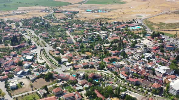 aerial view of the residential area of Pamukkale town in turkey on a sunny summer day