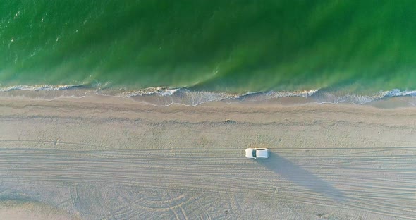 Car drives along the sandy seashore. Aerial view