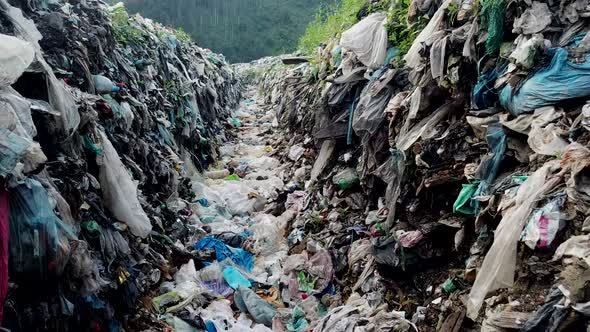 Garbage in the canals after the flood. Contaminated rivers with plastic waste.