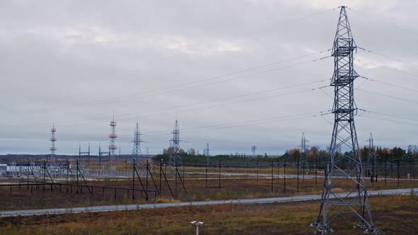 Industrial Timelapse with Dynamic Zoom Effect Metal Poles and Towers for the Power Line Electricity