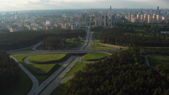 Aerial View of a Busy Motorway Interchange with a Lot of Traffic