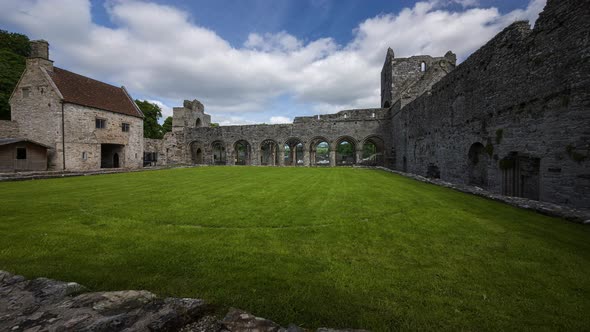 Panorama motion time lapse of Boyle Abbey medieval ruin in county Roscommon in Ireland as a historic