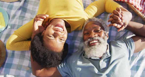 Portrait of happy african american couple having picnic on sunny beach