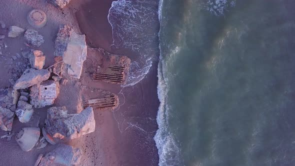 Aerial birdseye view of abandoned seaside fortification buildings at Karosta Northern Forts on the b