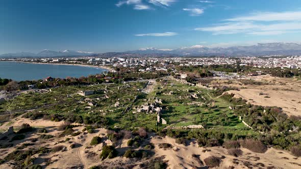 Ruins of an ancient city aerial view 4 K Turkey Side