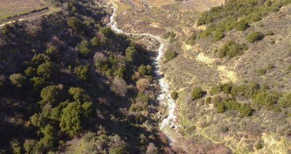 Aerial view of Sa'ar river in the forest, Golan Heights, Israel.