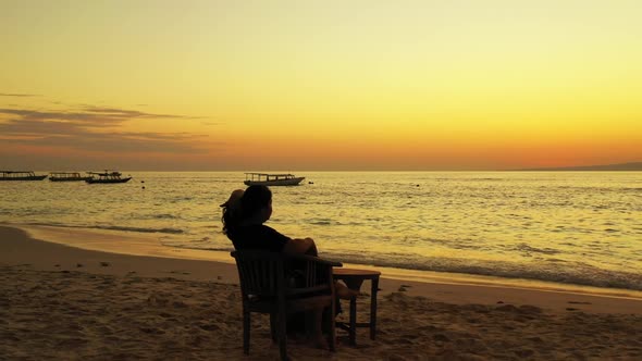 Single lady loves life on beautiful sea view beach time by blue green water with white sandy backgro