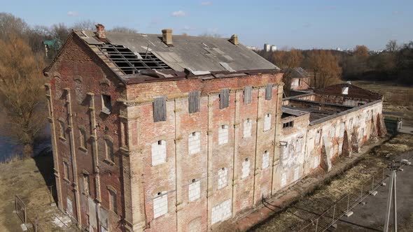 Distillery In Loshitsa Park. Fly Over The Destroyed Old Buildings.