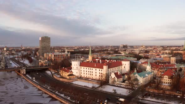 aerial view of the Riga old town during sunset