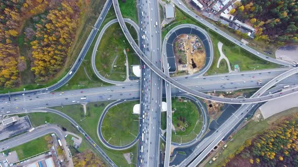 Drone Flies Over the Road Urban Junction. Highway in Moscow. Bird's Eye View