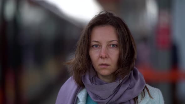 Unhappy Woman on Railway Station, Portrait of Sad Face Expression, Lady Is Standing on Platform