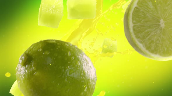 Lime with Slices Falling on Lime Green Background