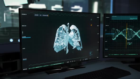 Rotating lungs 3D image on screen.Covid-19 pneumonia detected by the software.UI