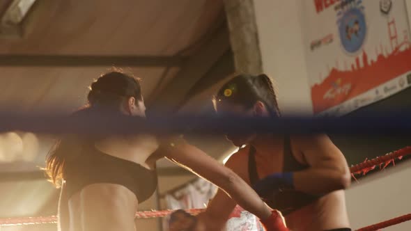 Two female boxers practicing in boxing ring