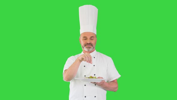 Chef Garnishing His Salad and Looking To Camera Smiling on a Green Screen Chroma Key