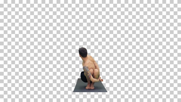 Young man doing squat with twist and bend yoga, Alpha Channel