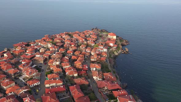 View From a Height of the City of Sozopol with Houses and Boats Near the Black Sea