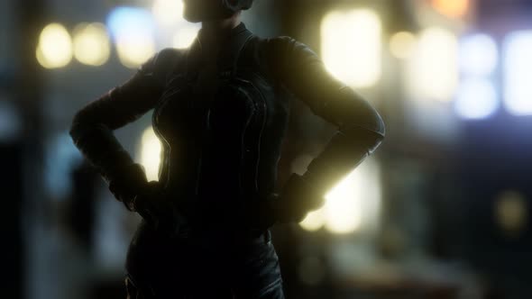 Futuristic Cyberpunk Style Young Woman with Neon Bokeh Lights alt