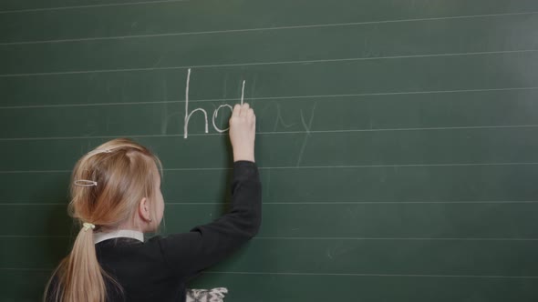 A Girl of Primary School Age Writes an Inscription