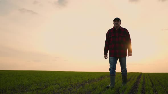 A Working Tractor Driver Walks on a Field of Saplings After a Day's Work in Slow Motion