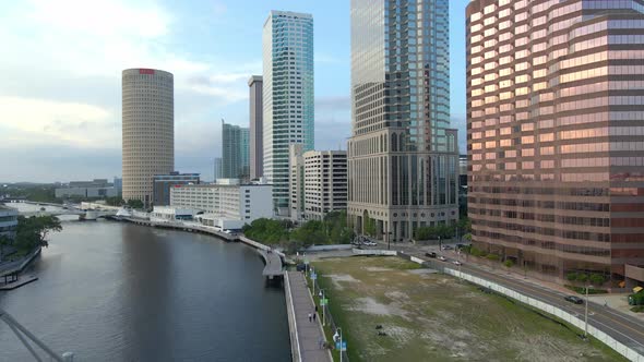Buildings in Downtown Tampa, Florida near riverwalk, Aerial view