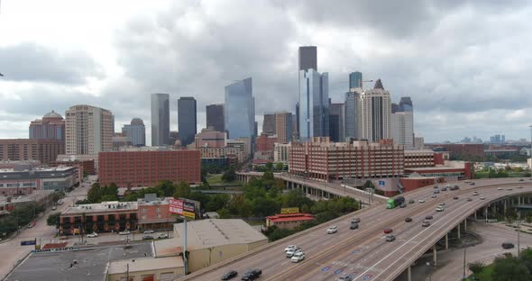 Establishing aerial shot of downtown Houston cityscape