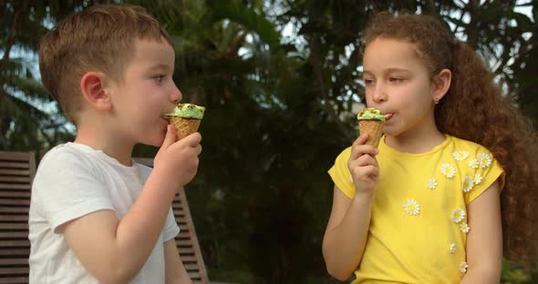 Portrait Cheerful Kids Smiling Children Happy Baby Boy and Little Girl Eating Ice Cream and Having