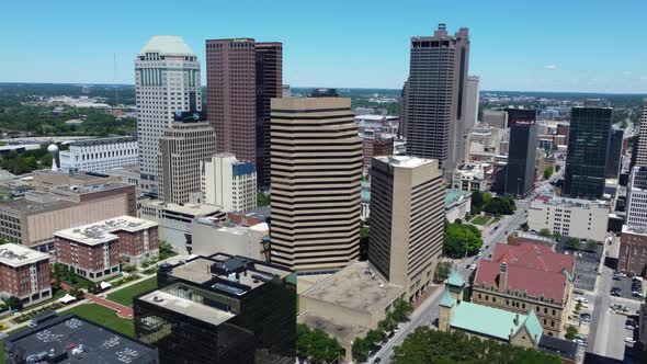 Columbus Ohio downtown, skyline viewed from the south.  Aerial Drone.