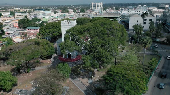 Aerial footage of Saint Michael's Church hidden behind trees in Bridgetown, Barbados