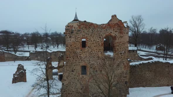 Ruins of Ancient Livonian Order's Stone Medieval Castle Latvia Aerial Drone Top Shot 