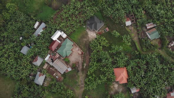 Aerial zenith drone shot of some rural villages and nature background. Uganda, Africa.