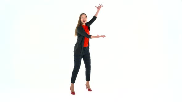 Womanl in the Studio on a White Background Shows Gestures