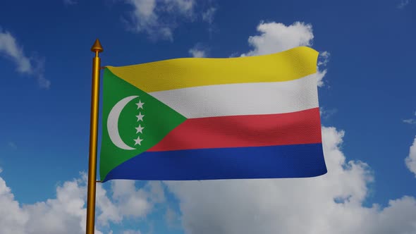 National flag of Comoros waving with flagpole and blue sky timelapse