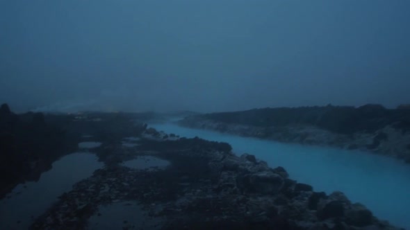 iceland, blue lagoon, Svartsengi geothermal power station at night, camera movement, camera tracking