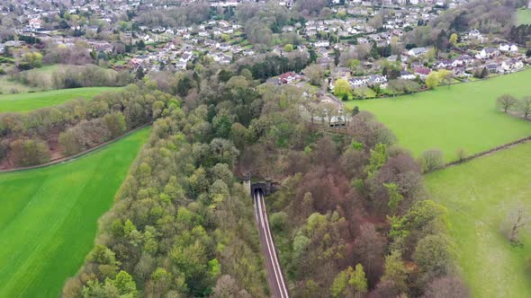 The famous Bramhope Tunnel North Portal, aerial footage Gothic castle-like portal and railway tunnel