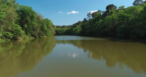 4k aerial of large lake in Houston located near the Lake Houston dam