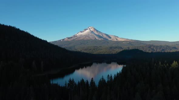 Aerial drone view of Trillium Lake and Mount Hood in Oregon.