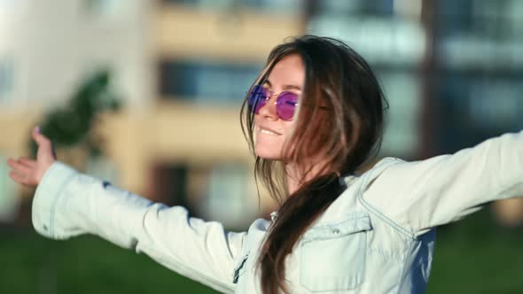 Hipster Summer Woman Dancing Outdoor Having Positive Emotion