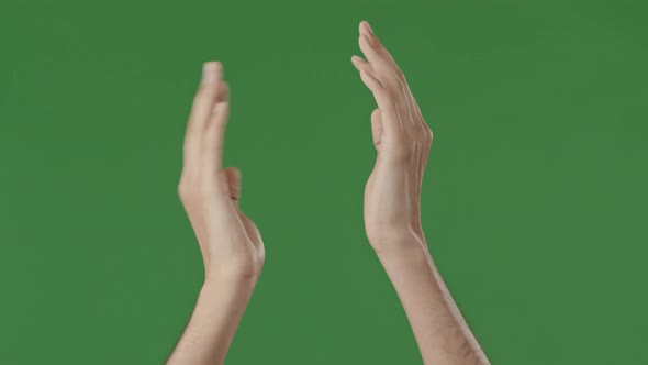 Male Careful Hands Silhouette of Young Man Guy Clapping on Green Studio Applauding Palms Greeting