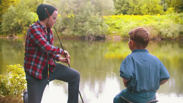 Fishing on Nature - Big Brother Gives a Fishing Rod To His Little Brother