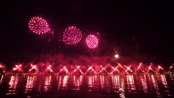 Red Fireworks Launched Synchronically on Feast of Redeemer