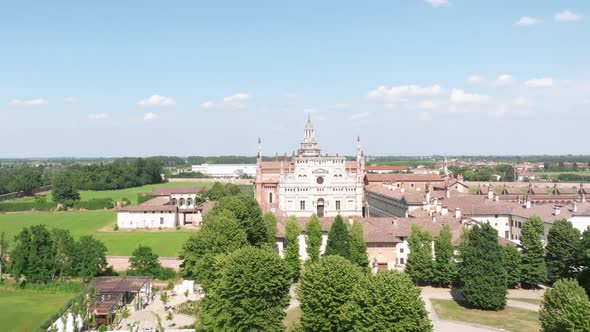 Aerial view of the Certosa di Pavia at sunny day, built in the late fourteenth century, courts and t