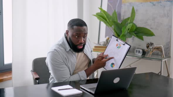 Confused Angry Annoyed African American Business Man Company Ceo Sit at Desk in Modern Office Have