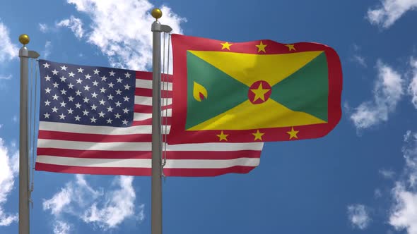 Usa Flag Vs Grenada Flag On Flagpole
