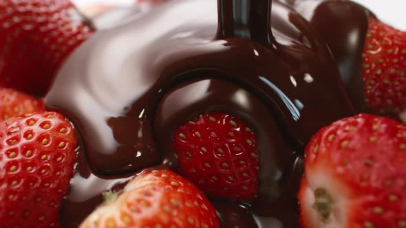 Closeup Macro Fresh Strawberries Covering with Melted Liquid Chocolate