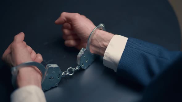 Arrested Criminal Businessman in Handcuffs in the Interrogation Room