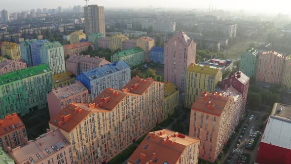 Top view of the colorful modern buildings, aerial footage from the drone