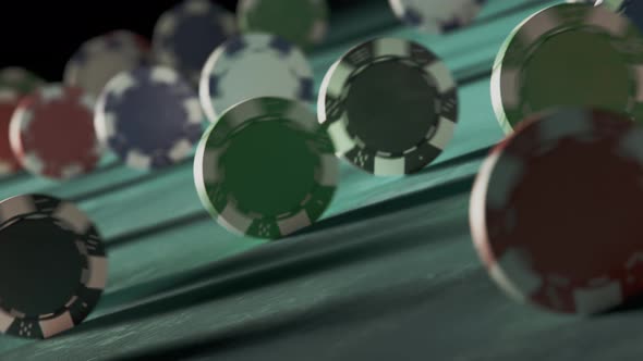 Rolling casino chips on a poker table. Endless looping animation. Las Vegas.