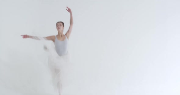 Elegant Female in a White Tutu Dance Ballet and Perform Choreographic Elements on a White Background