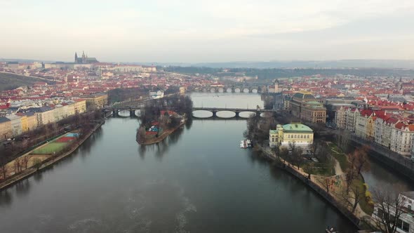 Prague, Czech Republic. Aerial View of Vltava River,  Legion and Charles Bridge and Zofin Palace, Ci